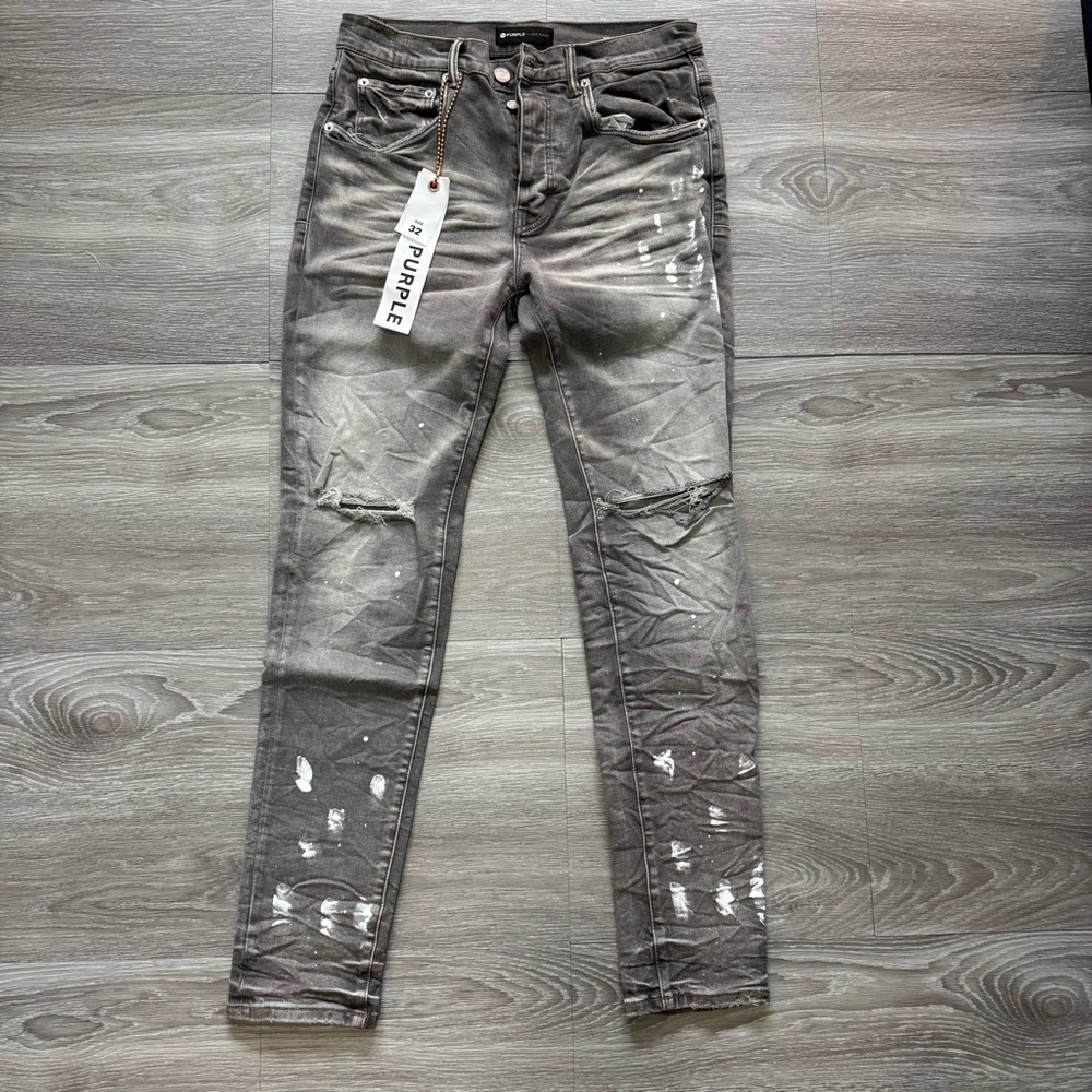 Purple Brand Men’s Skinny Jeans Size 32 Gray Distressed Paint Splatter Denim New
